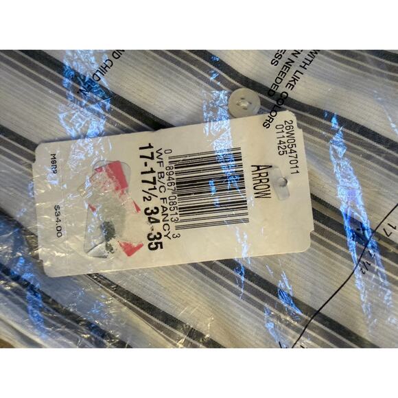 Arrow Men's Dress Shirt XL (17-17.5 34/35) Wrinkle Free Striped White Grey Long - Picture 6 of 6